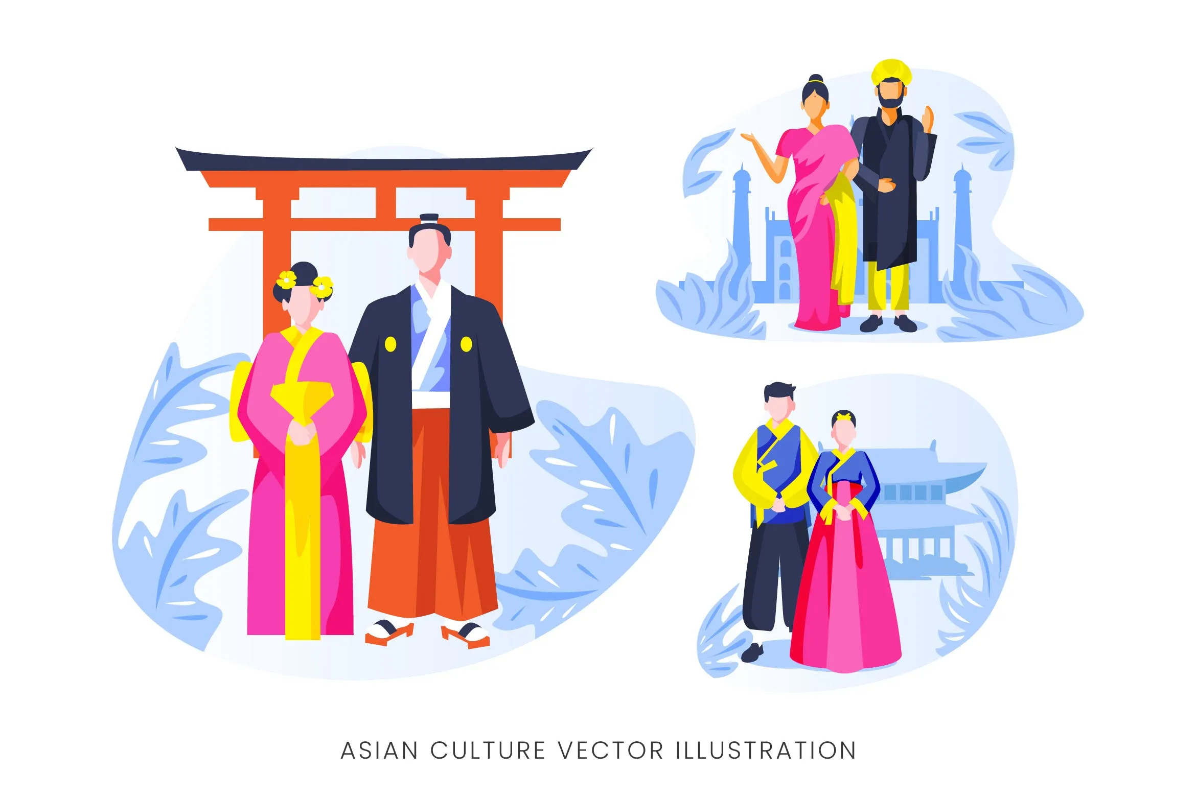 亚洲文化人物形象素材库精选手绘插画矢量素材 Asian Culture Vector Character Set插图