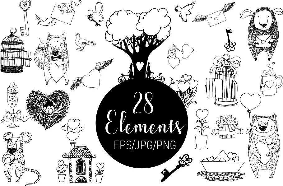 浪漫手绘爱情情人节插画元素大集合