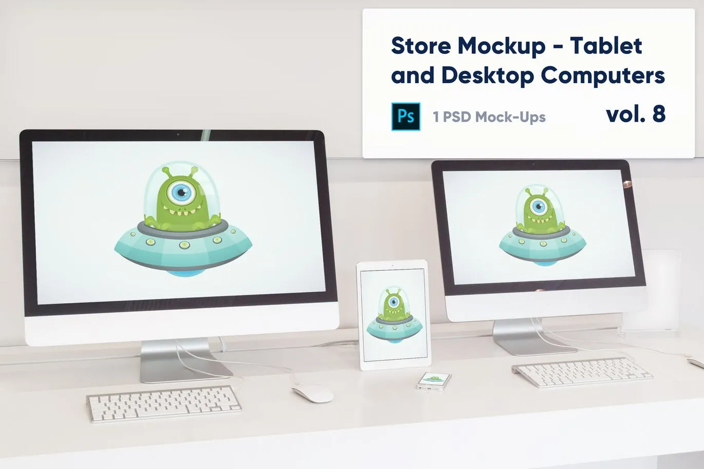 零售店展柜一体机电脑/平板电脑/手机屏幕预览素材库精选样机v8 Desktop Computers, Tablet and Phone Mockup插图