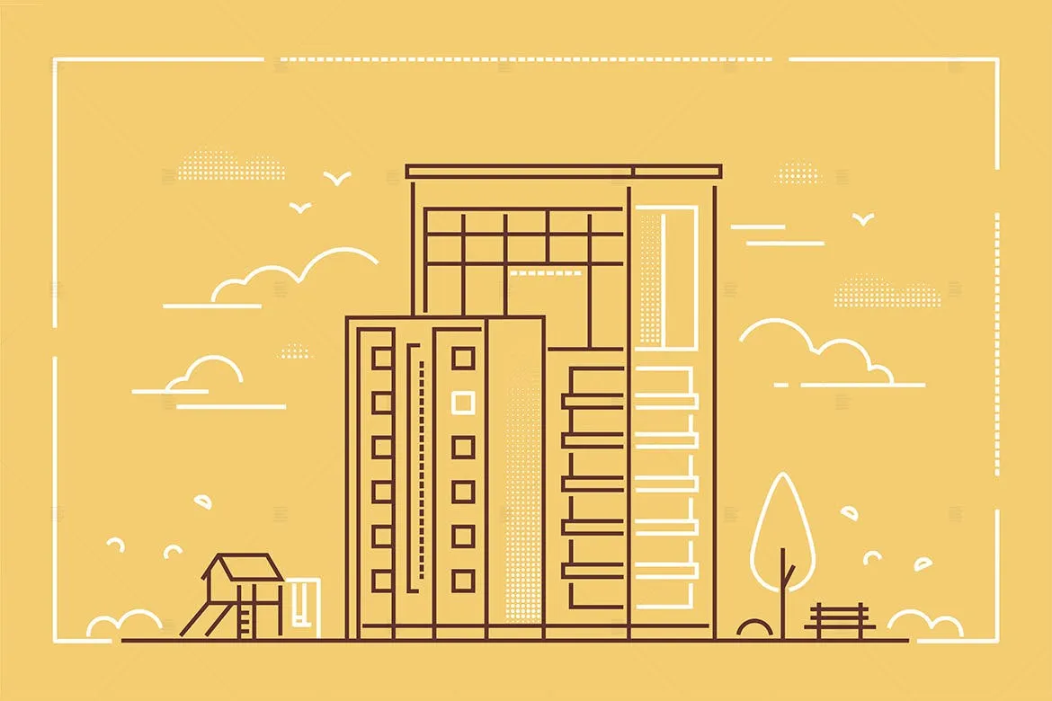 线条艺术现代建筑矢量插画像素设计精选素材 Modern building#8211; line design style illustration