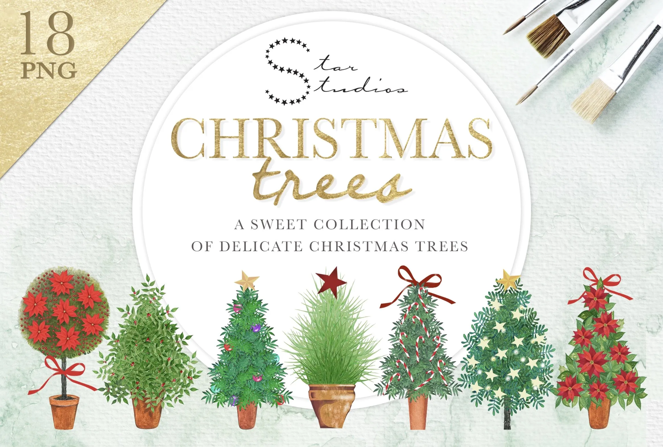 18个水彩圣诞树的甜美小集合