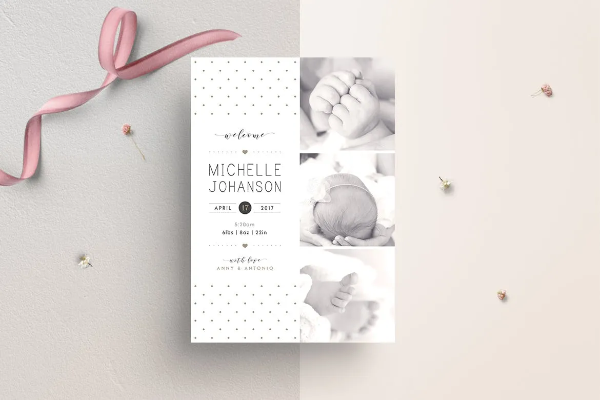 婴儿宝宝满月酒邀请函设计模板 Baby Birth Announcement Card插图(1)