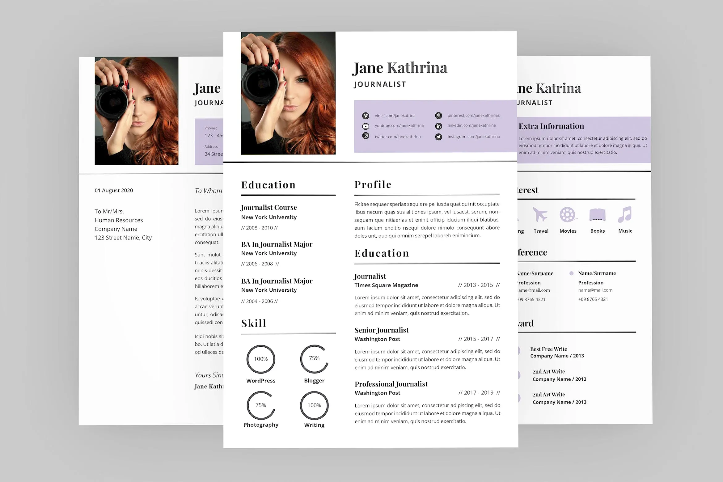 旅行记者个人电子像素设计精选简历模板 Jane Journalist Resume Designer