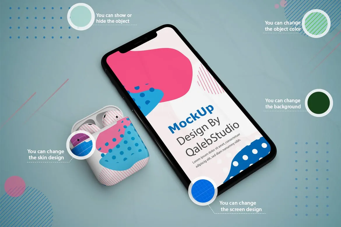 抽象设计风格iPhone 11手机&AirPods耳机素材库精选样机模板 Abstract iPhone 11 & AirPods Mockup插图(2)