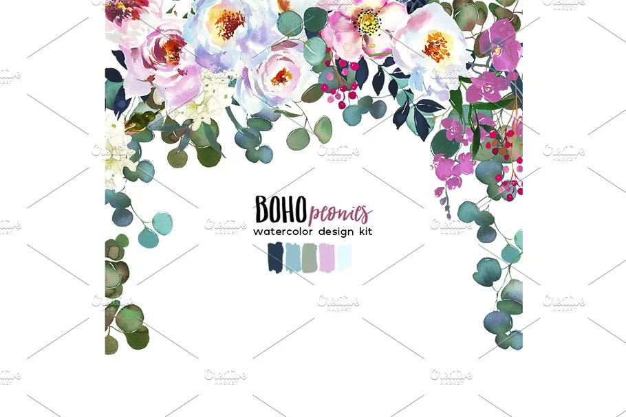 波西米亚风白色&粉色牡丹水彩剪贴画 Boho White Pink Peonies Watercolor插图(11)