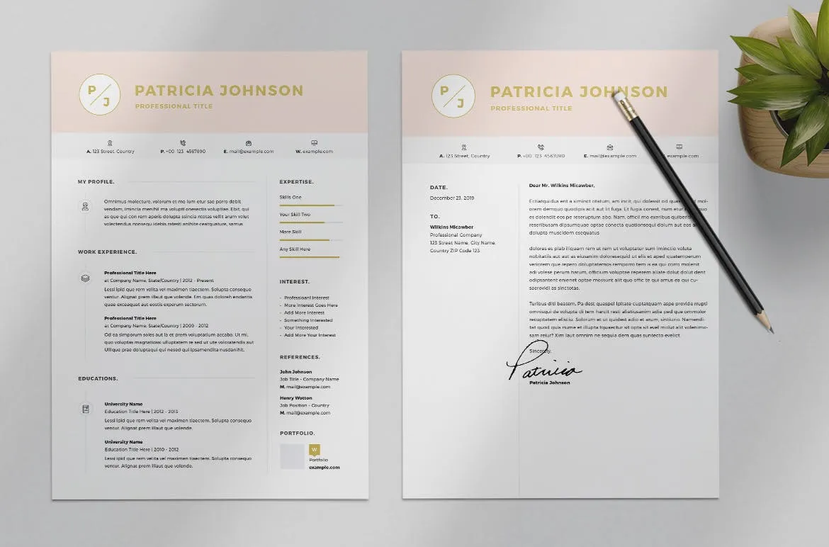 粉色标题网页设计师/网站开发素材库精选简历模板 Resume Layout Set with Pink Header插图(2)