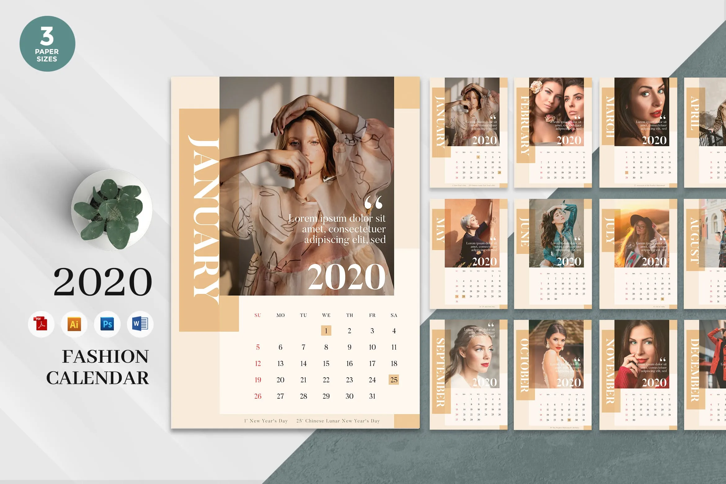 优雅时尚主题2020年日历表设计模板 Elegant Fashion 2020 Calendar#8211; AI, DOC, PSD