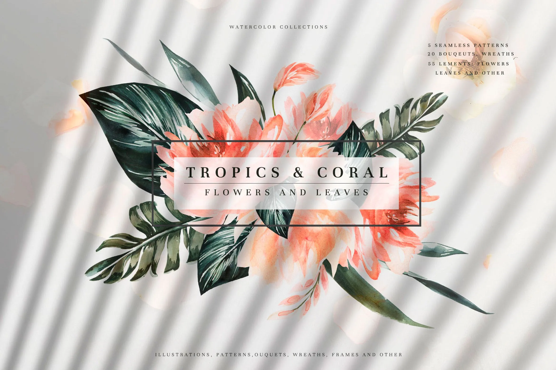 热带植物水彩手绘图案设计素材套装 Tropicsamp; Coral Watercolor Set