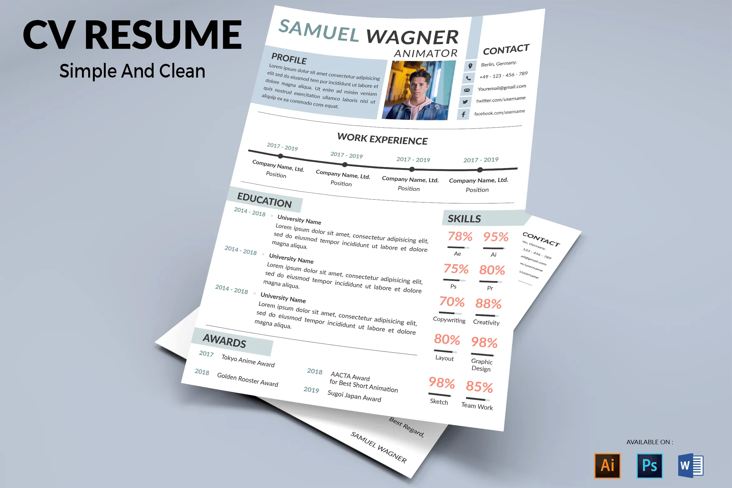 动画片制作职位简历现代排版设计模板 CV Resume Modern And Simple插图