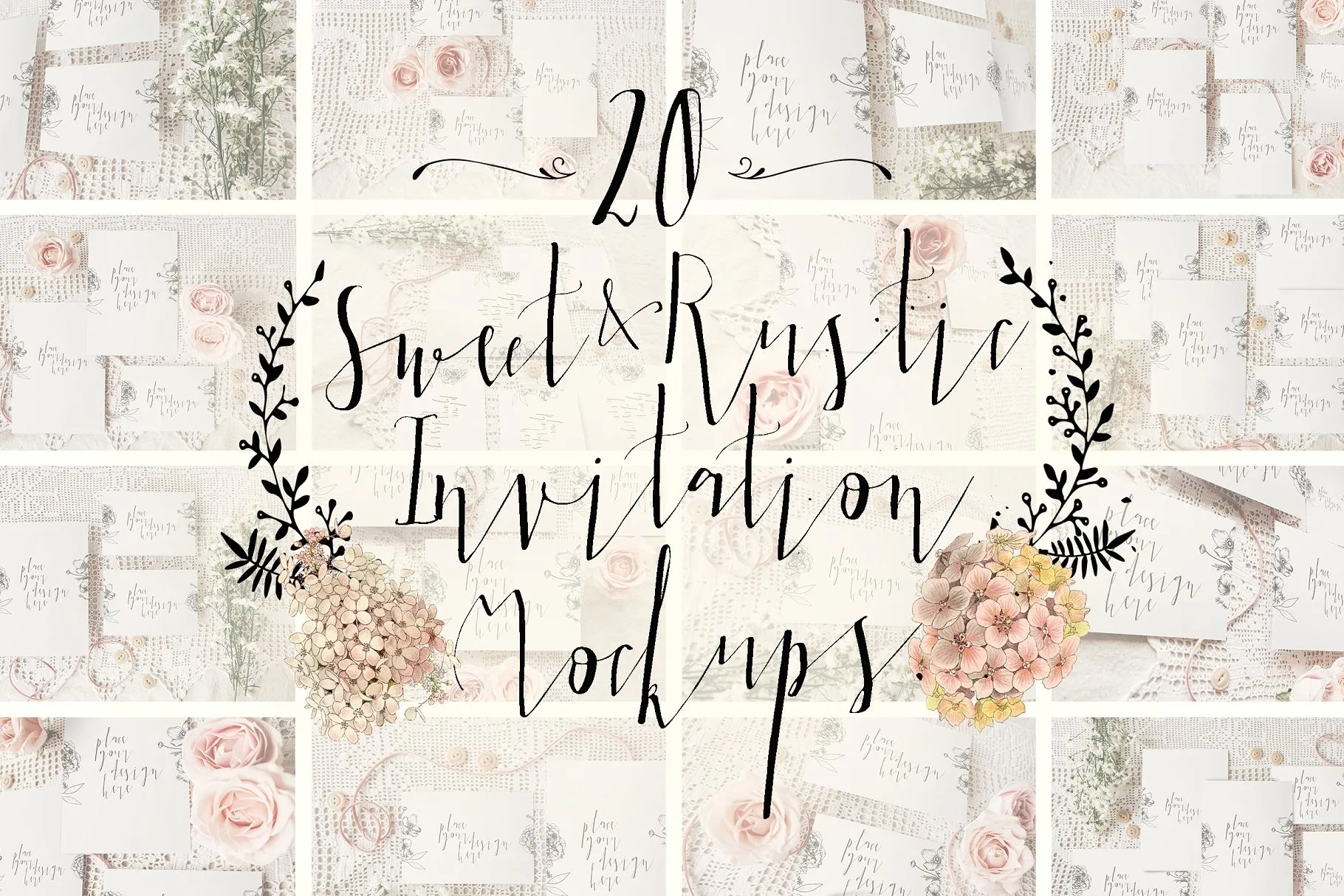 特色文艺范邀请卡样机 Sweet & Rustic Invitation Mockup插图
