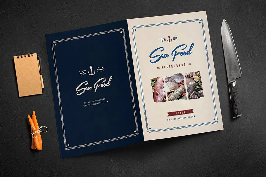 朴素海鲜餐馆折叠菜单模板 Rustic Sailor Bifold Menu插图