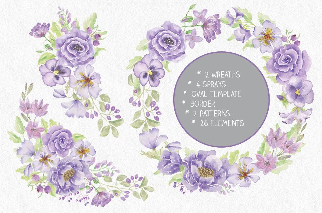 紫色水彩手绘花卉图案剪贴画PNG素材套装 Purple Passion: Watercolor Clip Art Bundle插图(1)