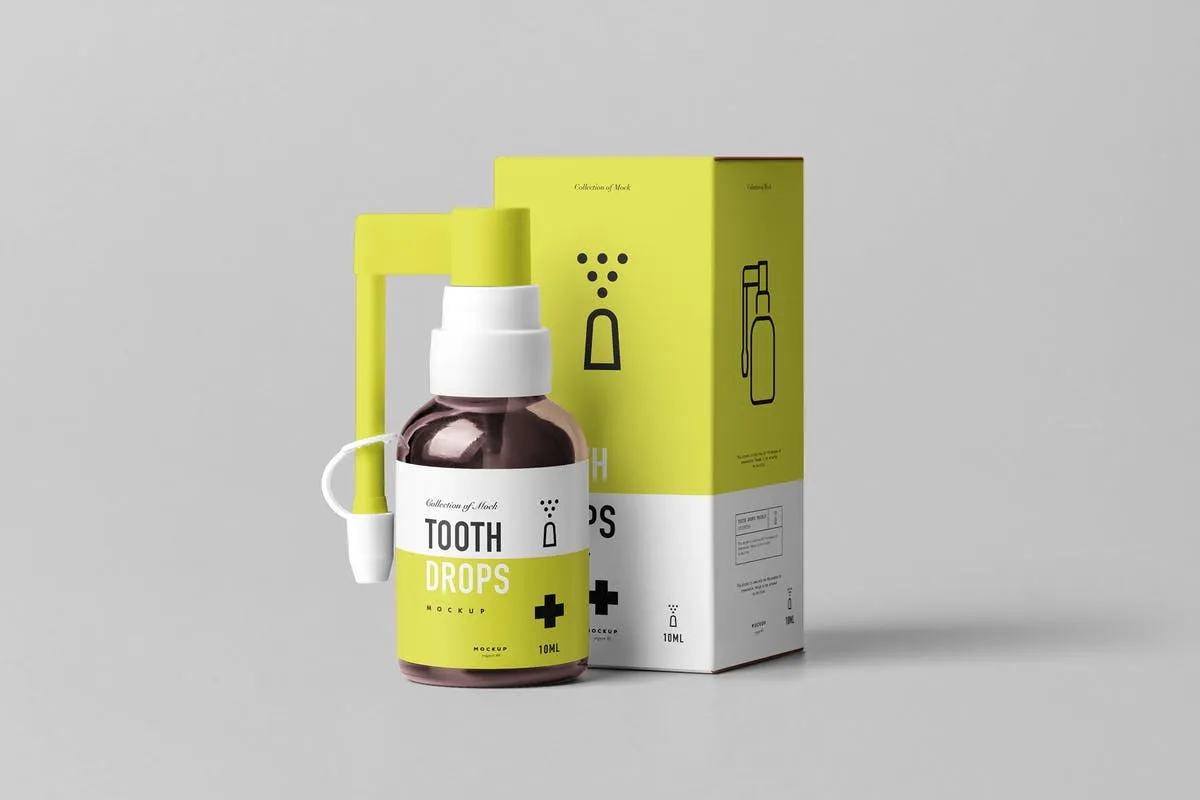 牙齿滴涂器滴瓶口腔药物包装样机模板 Tooth Drops Applicator Mock-up
