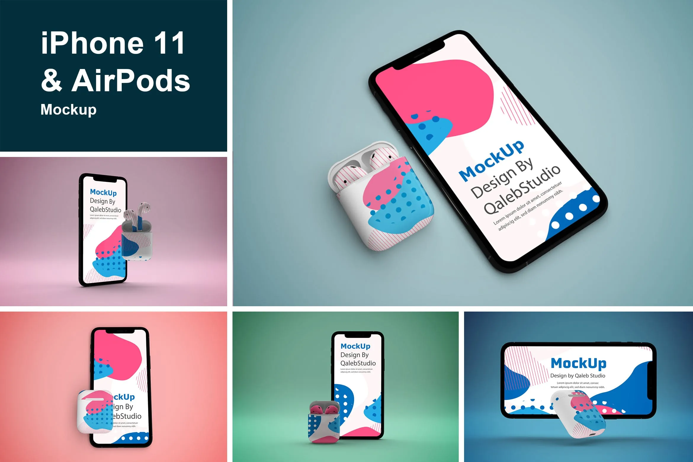 创意设计风格iPhone 11 & AirPods样机模板 iPhone 11 & AirPods Mockup插图