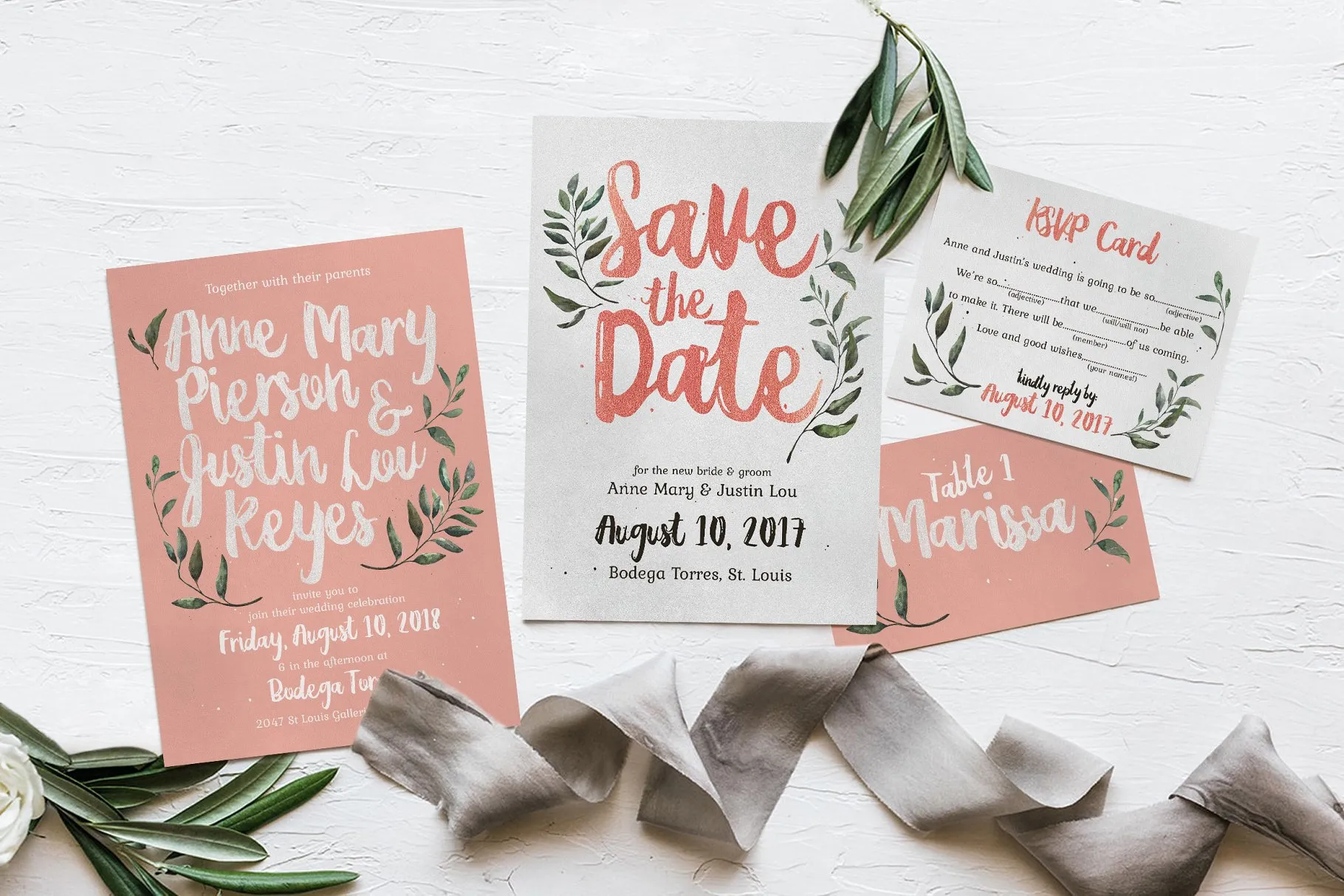 质朴粉色&绿色婚礼设计物料模板 Rustic Pink & Green Wedding Suite插图