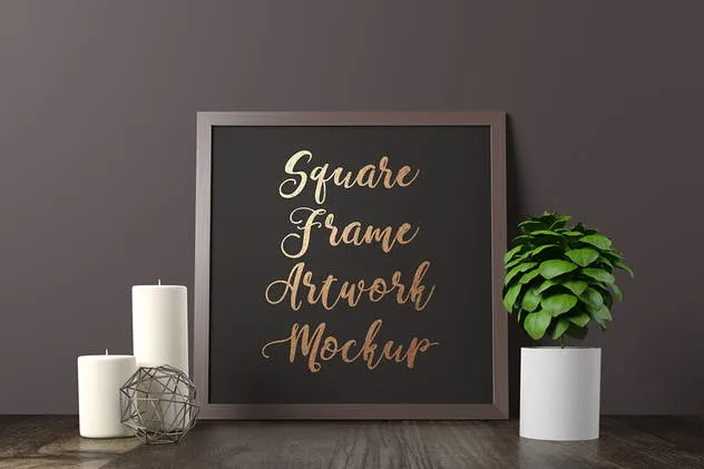 优雅黑色木纹画框样机 Frame Artwork Mockup – Dark Interior Set插图(3)