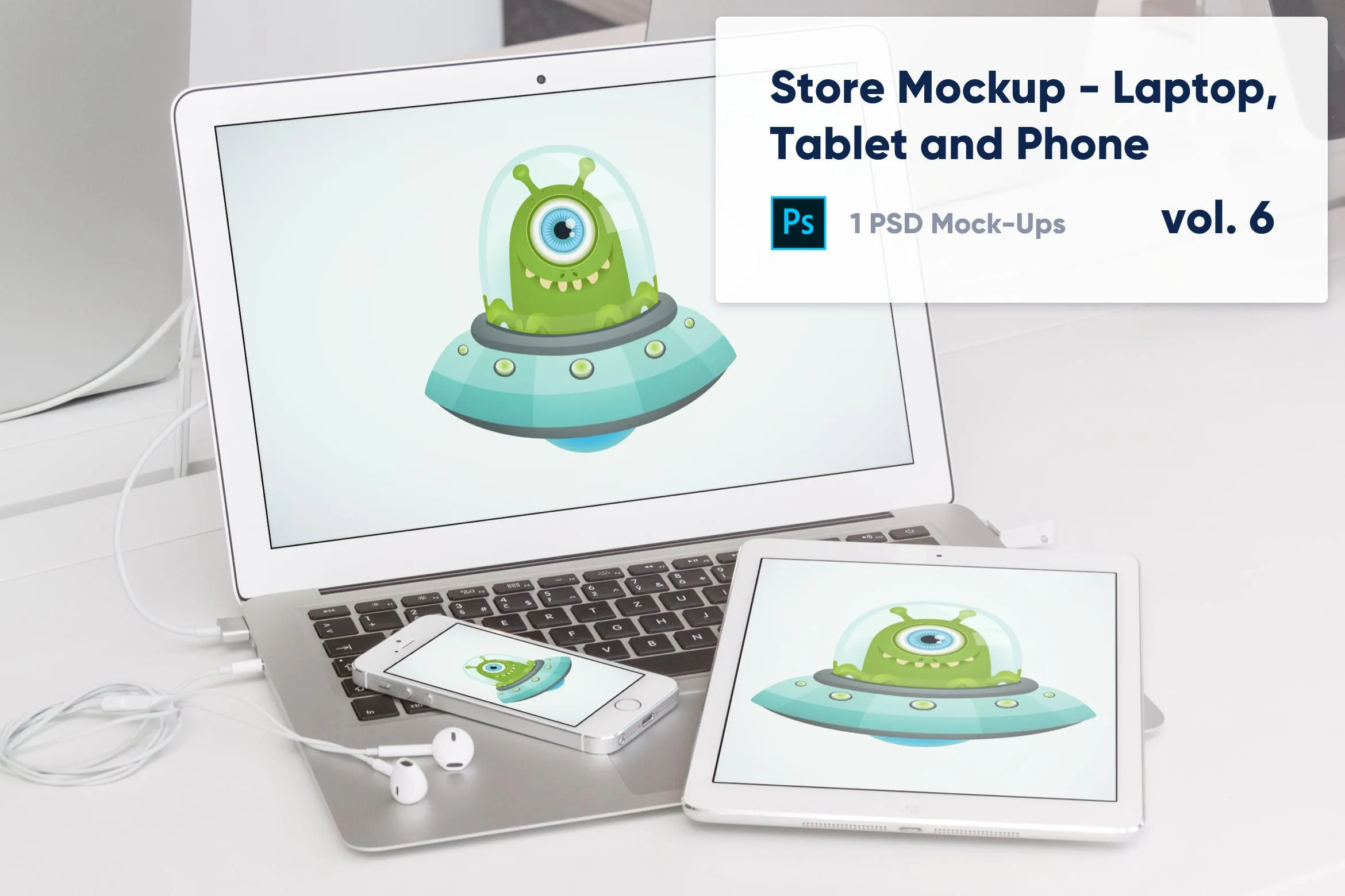 零售店展柜笔记本电脑/平板电脑/手机屏幕预览像素设计精选样机v6 Laptop, Tablet and Phone Mockup in the Store