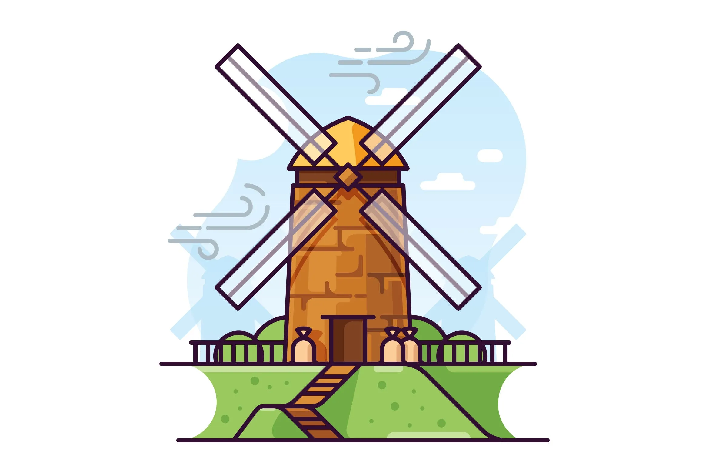 风车磨坊手绘矢量插画像素设计精选素材 Windmill illustration