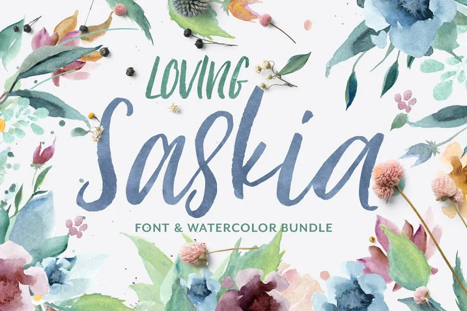 手写英文字体amp;手绘水彩花卉剪贴画 Loving Saskia Fontamp; Graphics Bundle