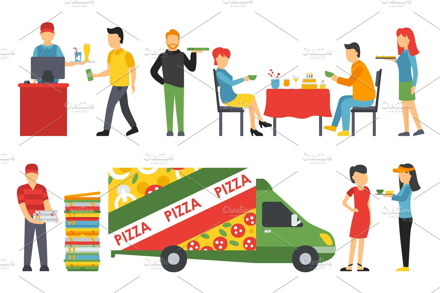 各式职业人员吃披萨形象扁平化设计矢量插画 Pizzeria – flat people set插图(7)
