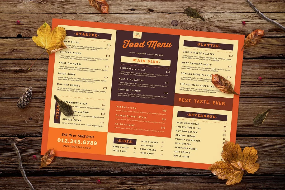 复古秋季元素食物菜单设计模板 Retro Food Menu插图