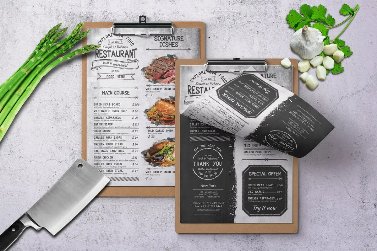 复古单页牛排西餐厅菜单设计模板 Vintage Single Page Food Menu A4amp; US Letter