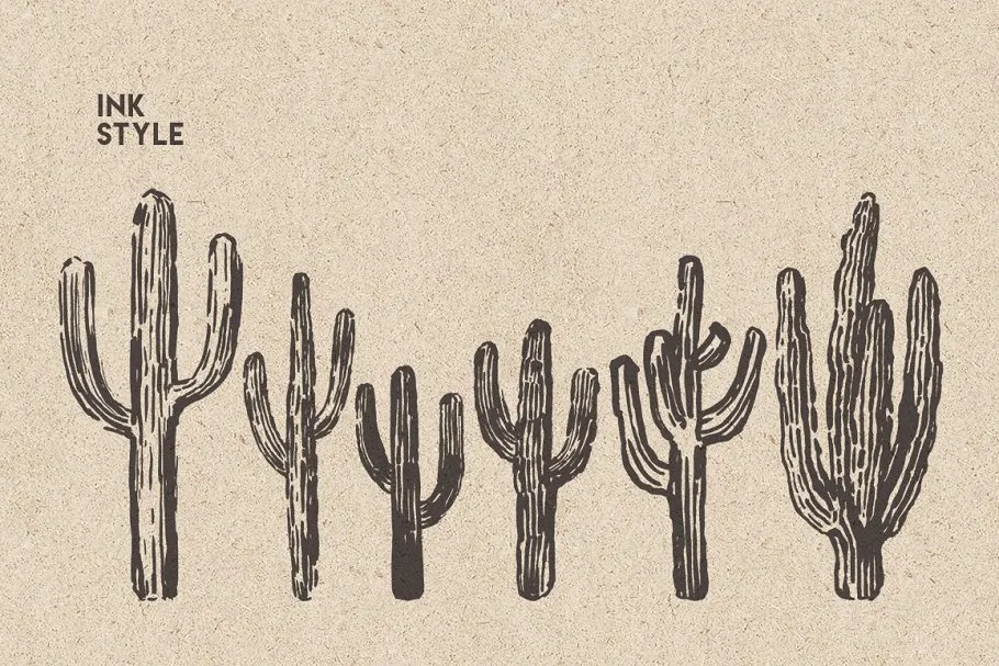 仙人掌素描风格设计素材 Big cacti bundle, sketch style插图(5)