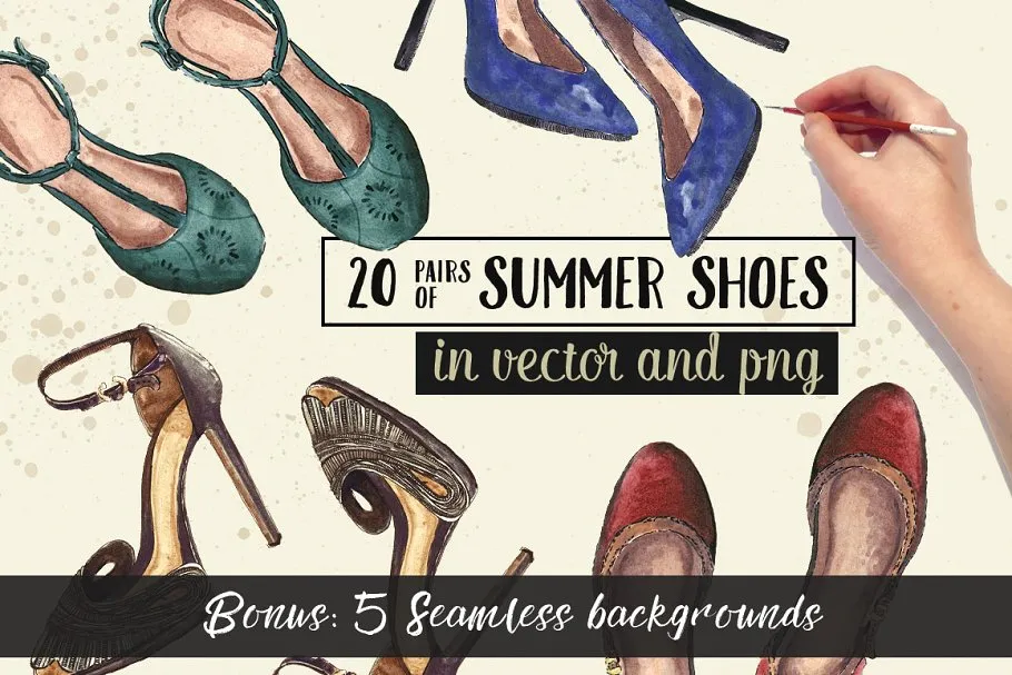 20双手绘高跟鞋水彩插画 20 Pairs of Summer Shoes