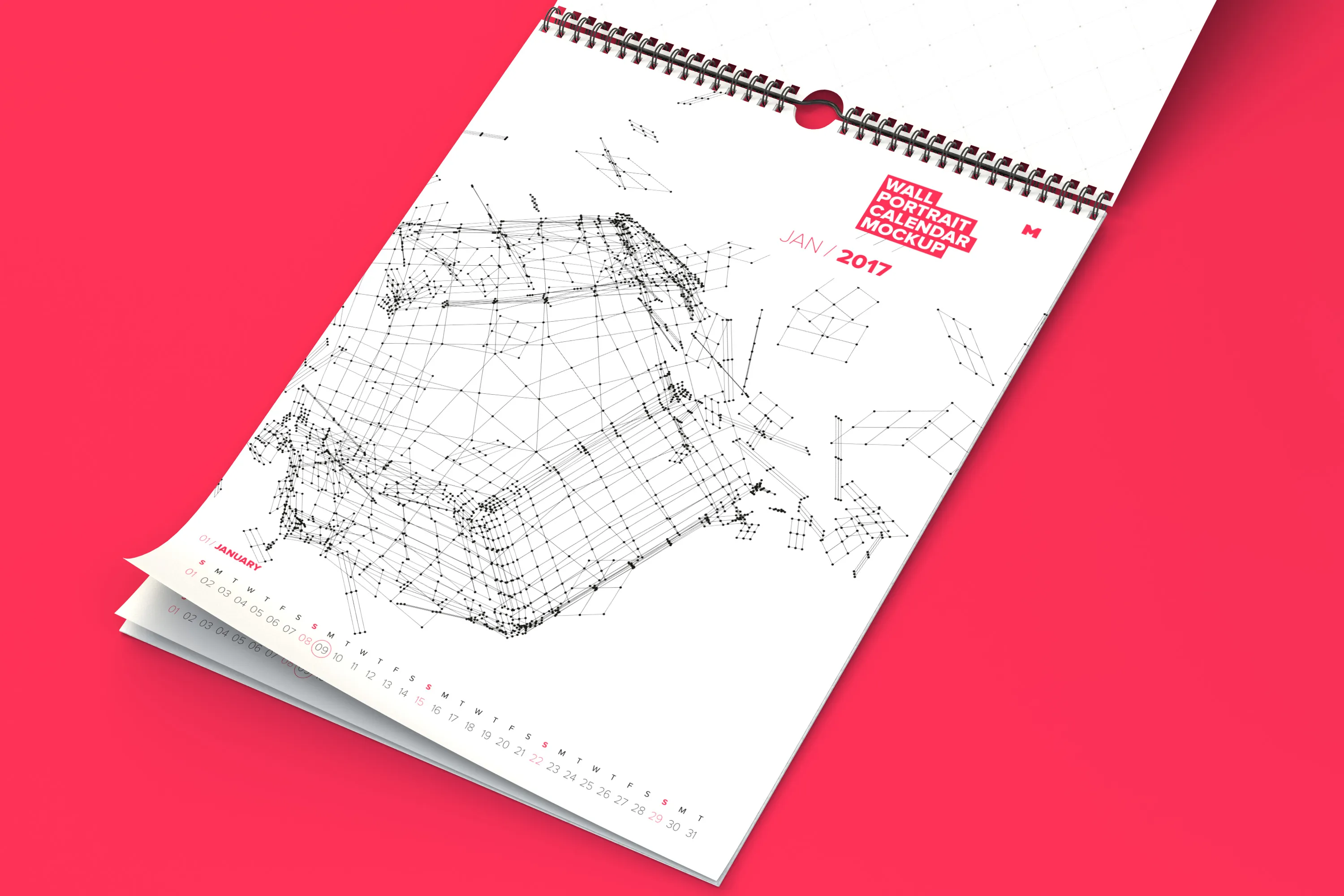 活页日历年历设计展开效果图样机模板 Opened Perspective Wall Portrait Calendar Mockup