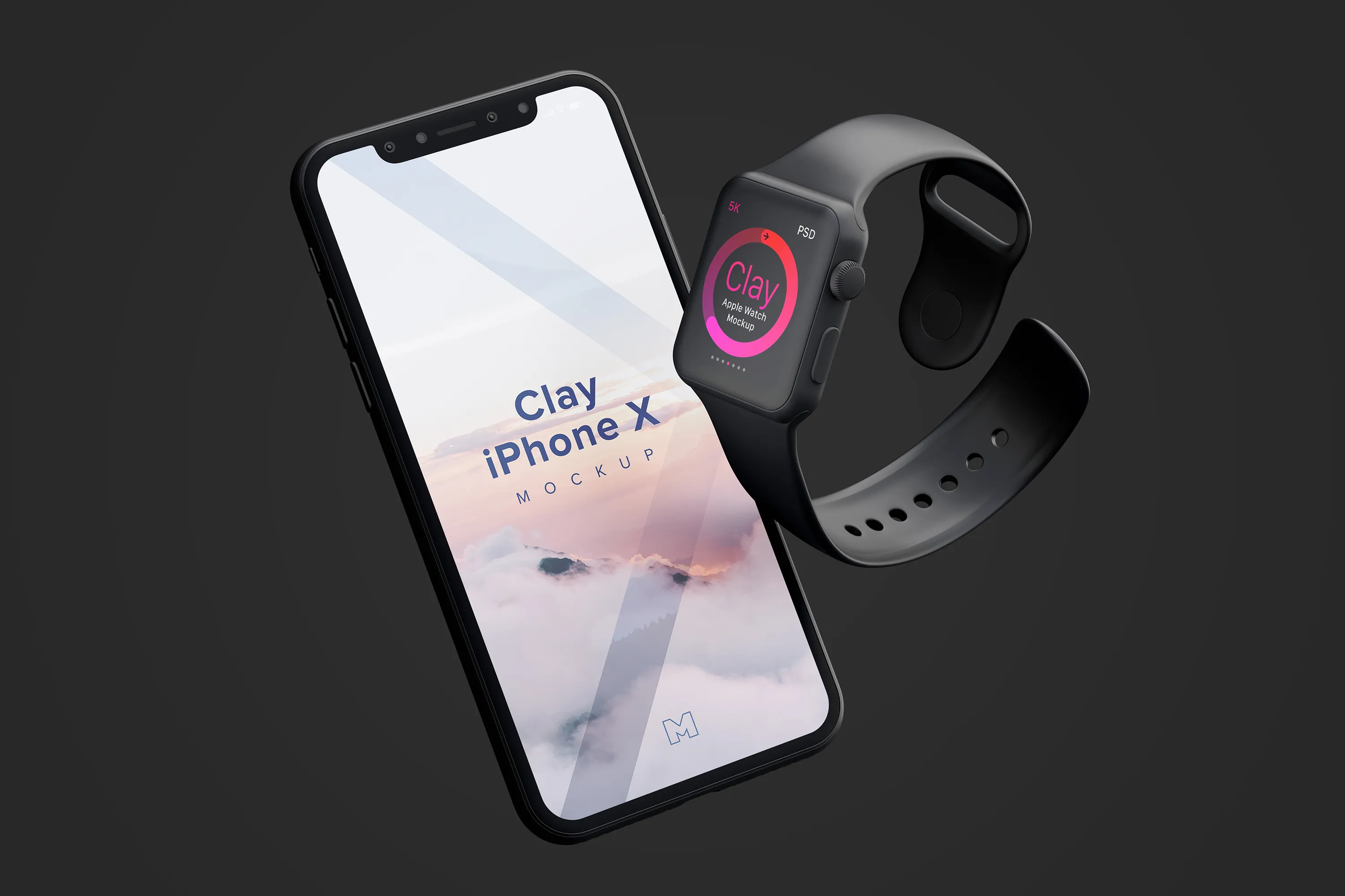 Apple Watch＆iPhone X组合UI设计演示样机模板 Clay Apple Watch and iPhone X Mockup插图(3)