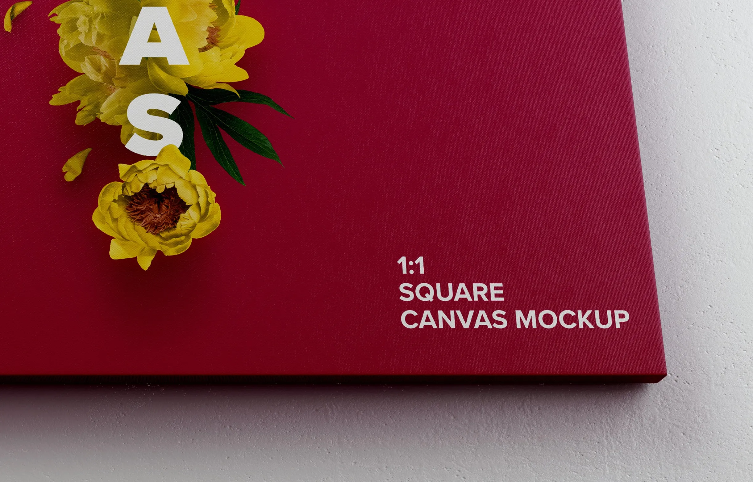 油画绘画作品挂墙展览画布底部前视图样机 Square Canvas Mockup Hanging on Wall, Bottom Front View插图