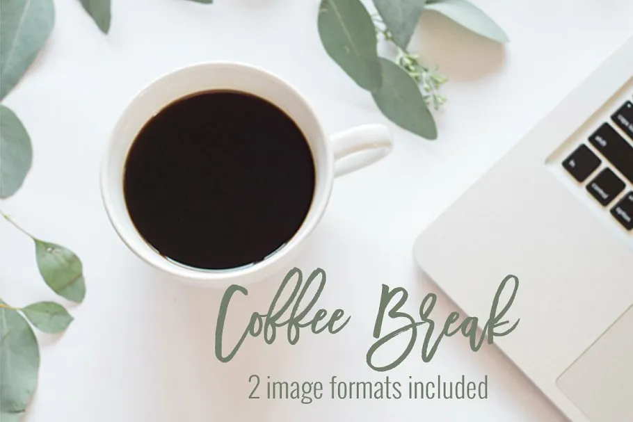 笔记本电脑，咖啡&桉叶场景样机 Coffee, Laptop  & Eucalyptus | Stock插图