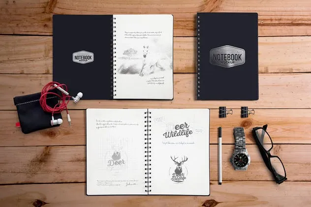 高端品牌精装活页记事本样机 5 Notebook Mockups With Movable Elements插图(9)