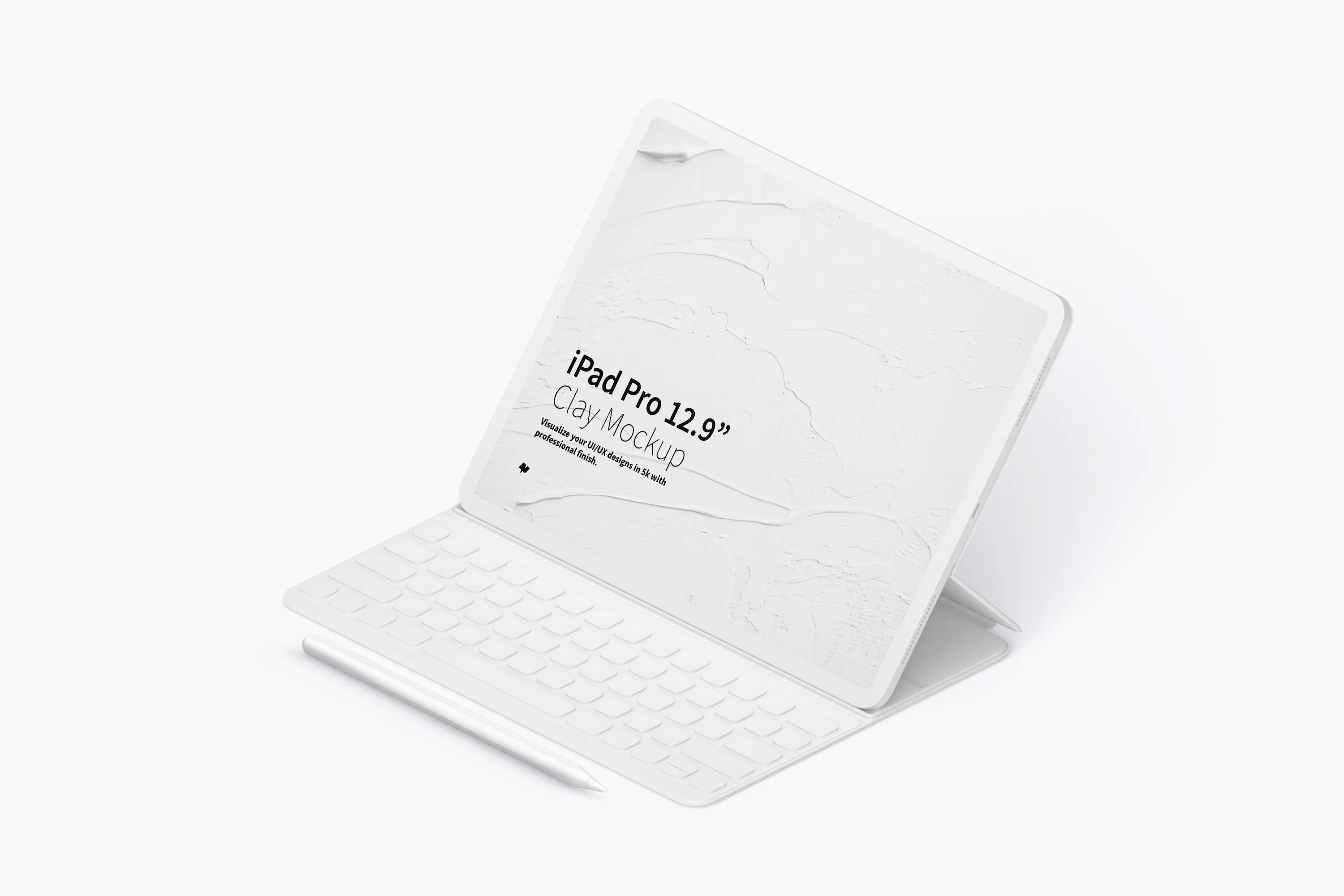 12.9寸带键盘iPad Pro平板电脑等距右视图样机 Clay iPad Pro 12.9” Mockup, Isometric Right View With Keyboard