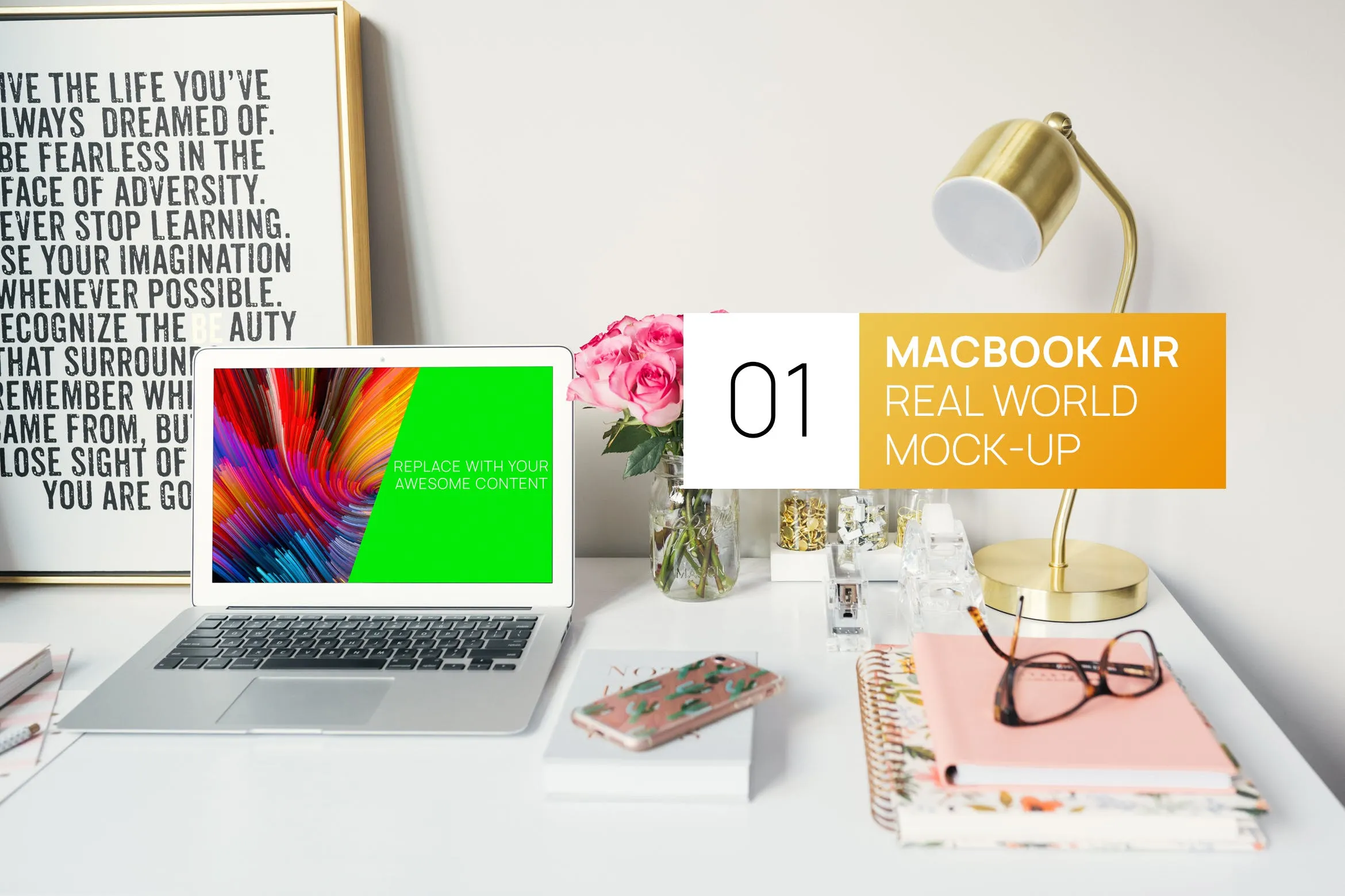 逼真书房工作场景MacBook Air超极本像素设计精选样机模板 Bright MacBook Air Real World Photo Mock-up