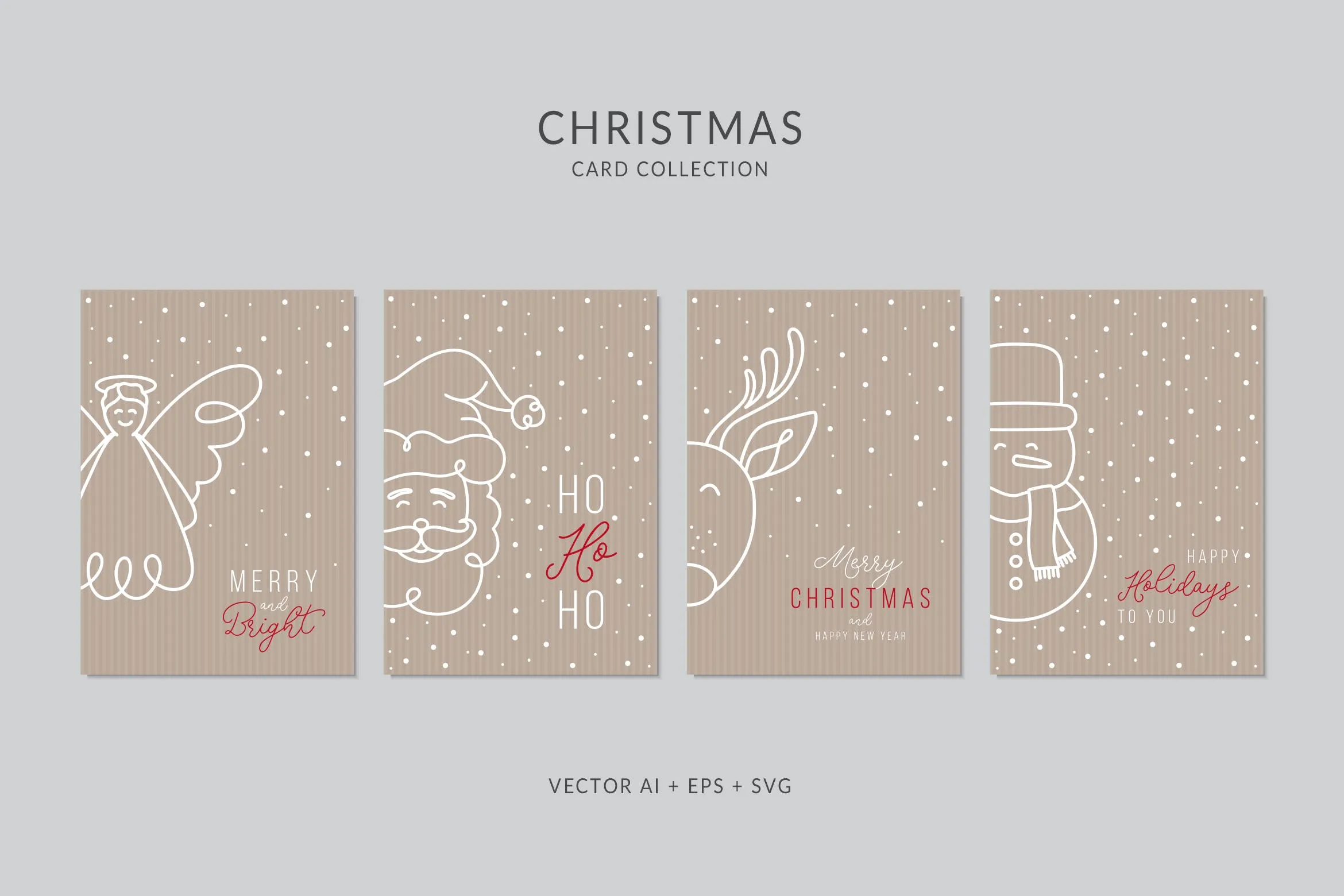 简笔画艺术风格圣诞节贺卡矢量设计模板集v5 Christmas Greeting Card Vector Set插图