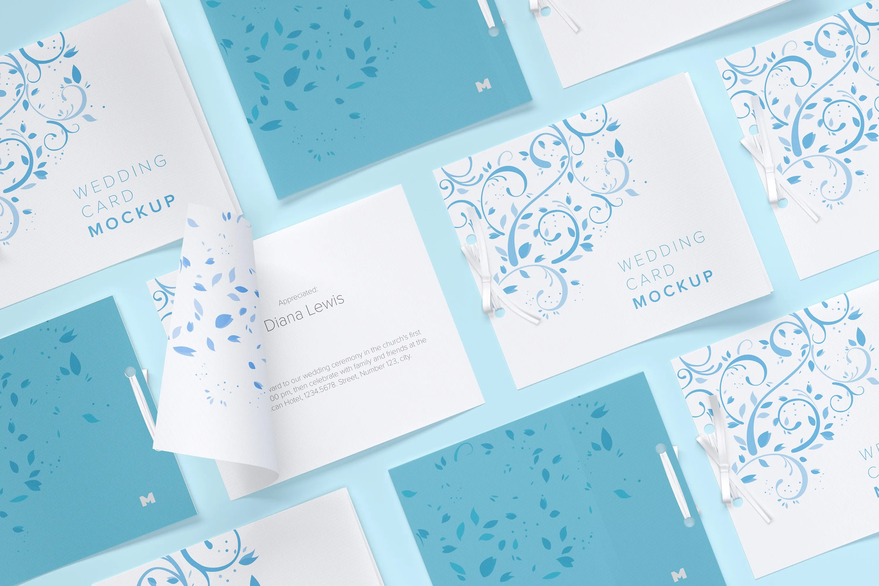 婚礼邀请函/贺卡设计效果网格布局样机 Wedding Cards Mockup, Grid Layout插图(2)