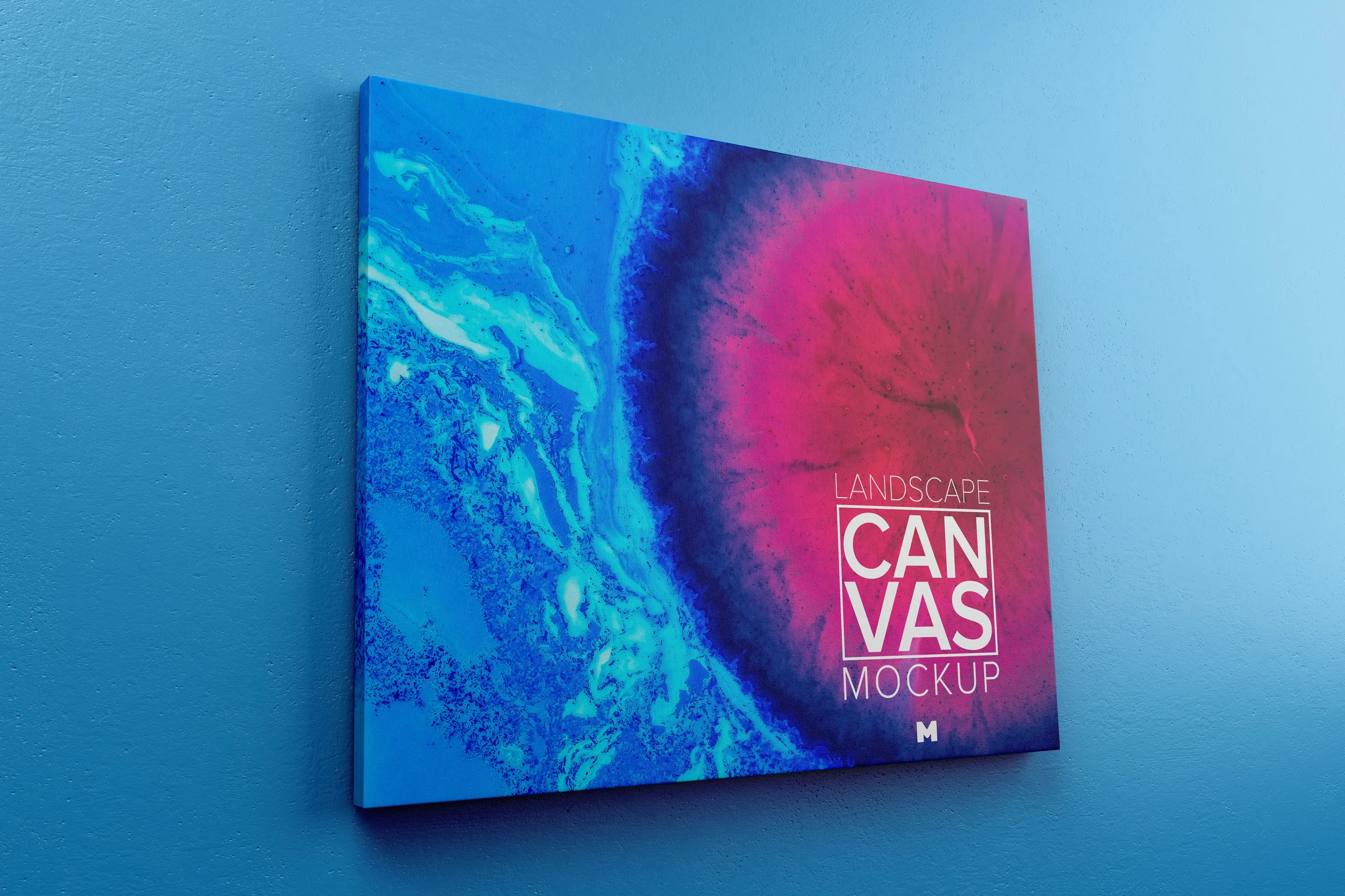 挂墙画布绘画作品展览样机模板 Landscape Canvas Frame Mockup Hanging on Wall in Perspective插图(1)