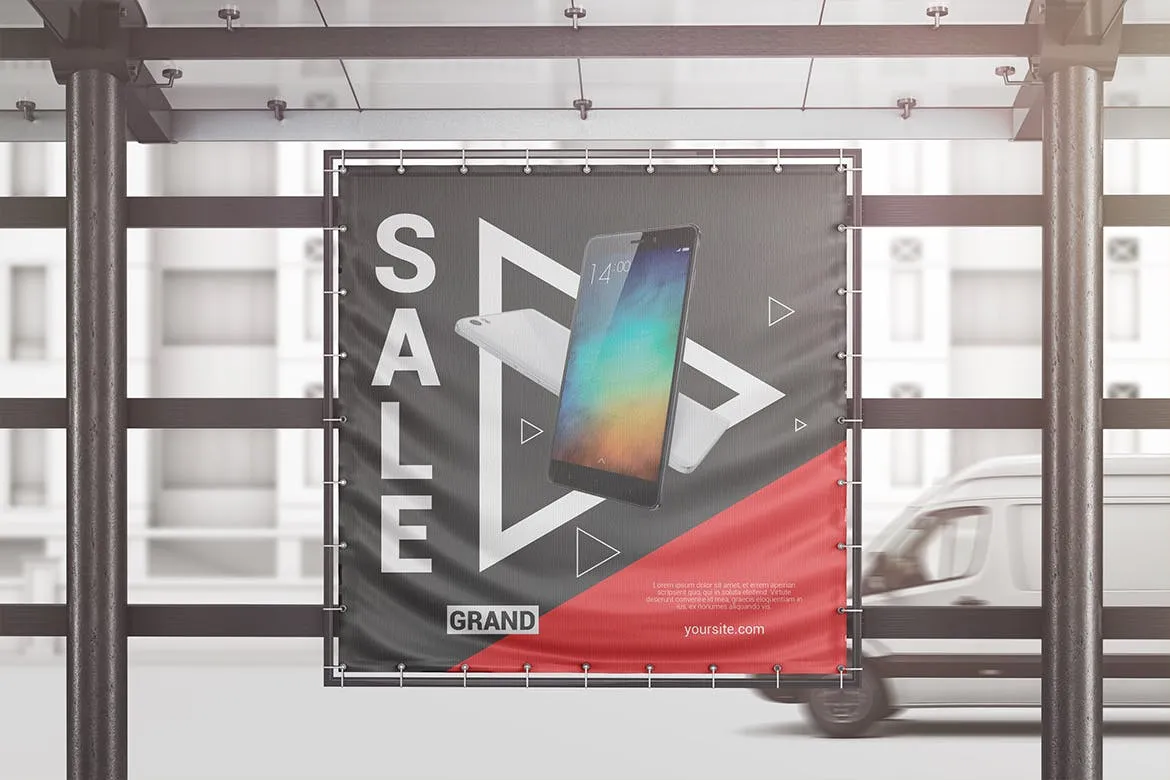 方形户外广告横幅效果图样机素材库精选模板 Square Outdoor Advertising Banner Mockup插图(3)