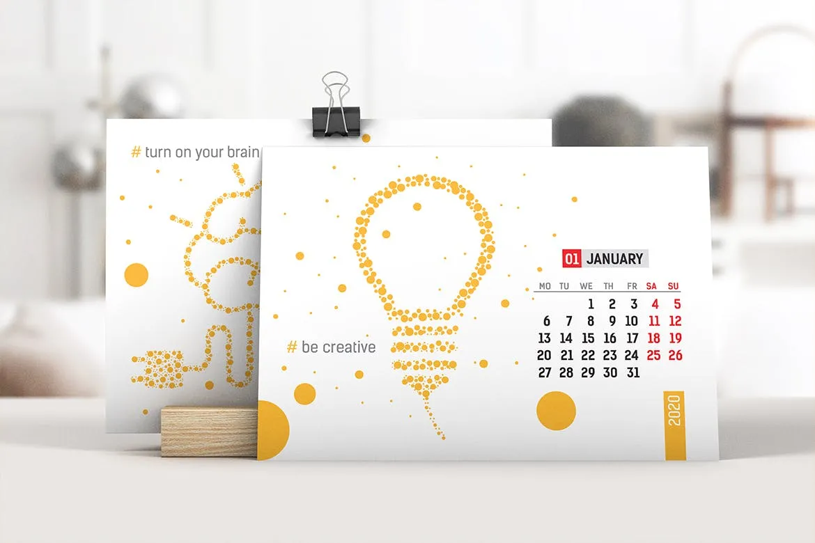 木架桌面台历设计图样机模板v02 Desk Calendar With Wooden Stand Mockup 02插图(1)