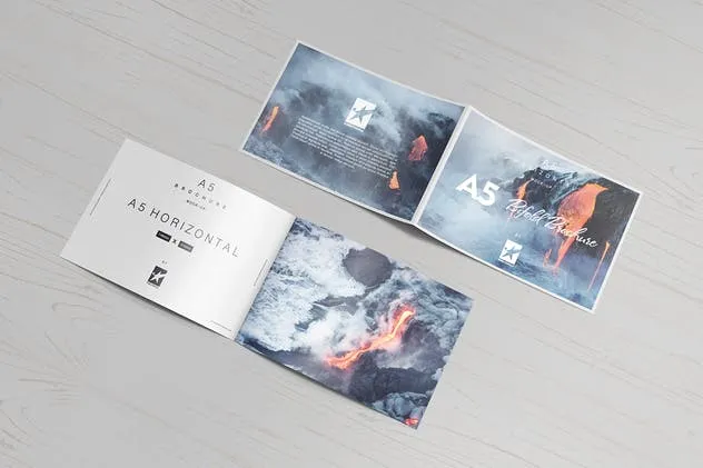 A5尺寸规格宣传册设计平铺视觉样机模板 Bi-Fold A5 Horizontal Brochure Mock-Ups Vol.1插图(8)