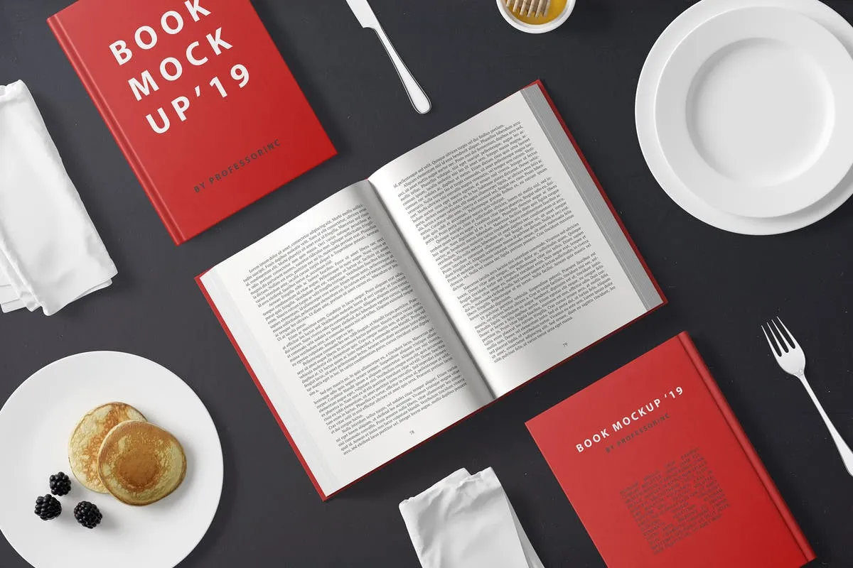 早餐餐桌硬纸封面书精装图书样机 Hard Cover Book Mockup#8211; Breakfast Set