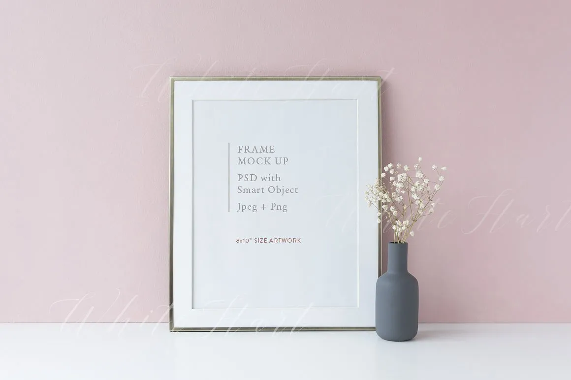 极简主义银色画框相框样机模板 8#215;10 golden frame mock up#8211; pink bgd
