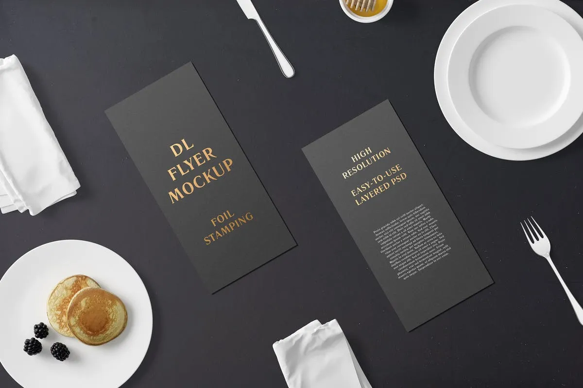 高端铝箔冲压工艺DL传单样机 DL Flyer With Foil Stamping Mockup – Breakfast Set插图