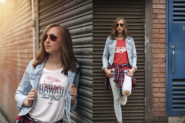 女款V领T恤欧美时装模特上身效果样机 Crew Neck T-shirt Mock-up Female Version插图(1)