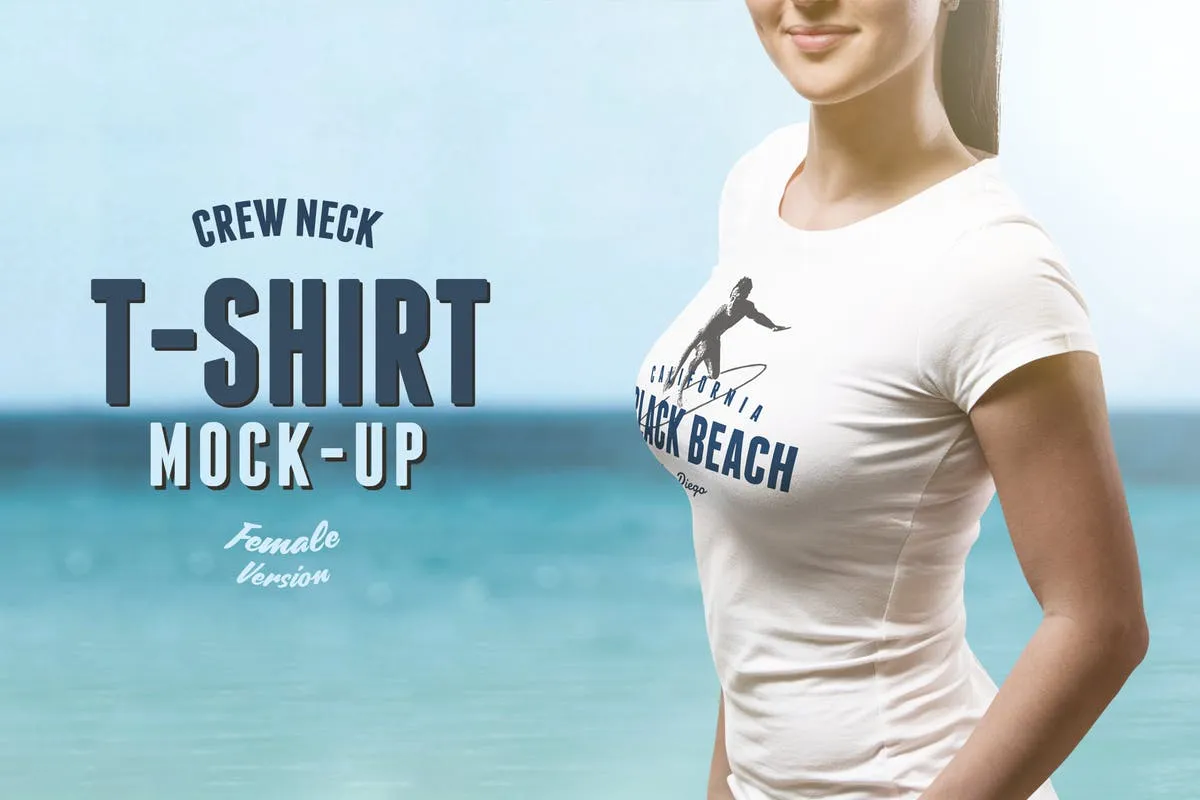 圆领T恤性感模特上身效果样机模板 Crew Neck T-shirt Mock-up Female Version