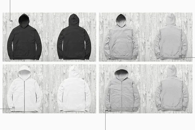 时尚黑白连帽衫T恤系列服装样机 Zip Up Hoodie Tee Collection Mockup插图(2)
