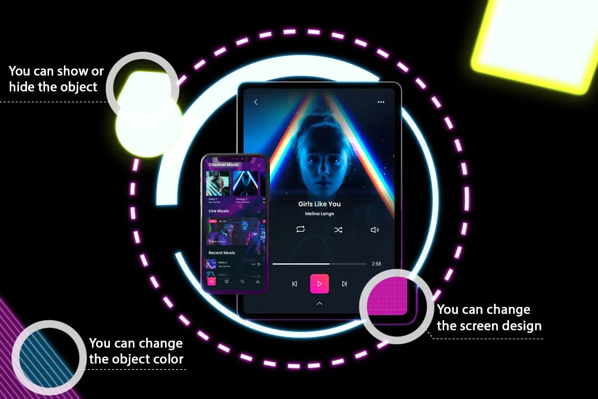 霓虹灯背景iPhone XS & iPad Pro样机模板 Neon iPhone XS & iPad Pro插图(1)