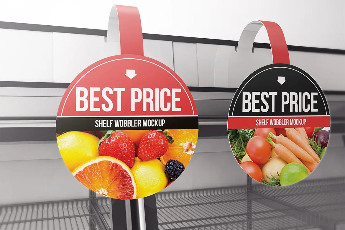 超市货架圆形品牌/促销广告牌样机素材库精选模板 Circle Shelf Wobbler Mockup插图(2)