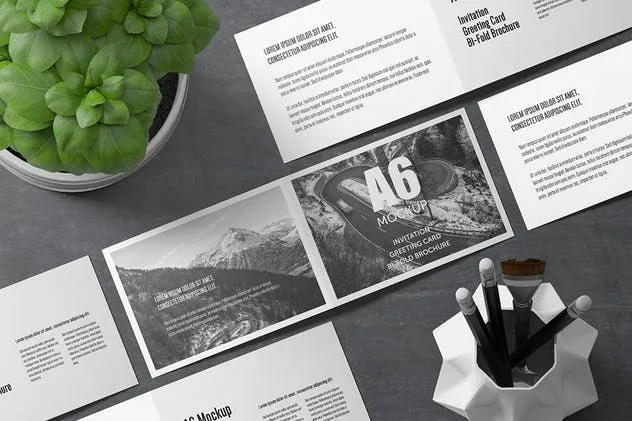 A6横向双折页宣传册样机 A6 Landscape Bi-Fold Brochure Greeting Card Mockup插图(5)